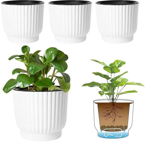 T4U 18cm Self Watering Plant Pots Indoor, 4 Pack Plastic Flower Pots, White House Plant Pots, Outdoor Plant Pot for Indoor Plants, Succulent, Cactus, African Violets, Spider Plants