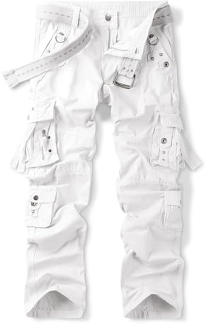 Aeslech Men's Cotton Casual Baggy Work Cargo Trousers Hiking Travel Pants with Pockets Relaxed Loose Fit (No Belt)