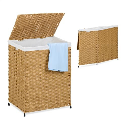 Relaxdays Wäschekorb mit Deckel, Rattan-Optik, Wäschesack 90 l, HBT: 60x46x34 cm, Wäschebehälter geflochten, braun/beige
