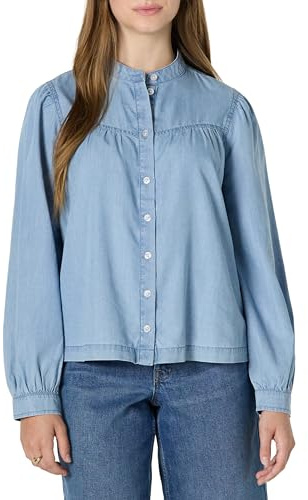 Amazon Essentials Women's Relaxed-Fit Denim Chambray Long-Sleeve Blouse, Iced Blue Light Wash, Large