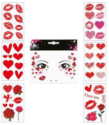 LIANRISES Face Art Stickers Heart Removable, Face Gems For Women Kids Jewels Stick On, with 6pcs Temporary Tattoos, Glitter Face Paint for Carnival, Halloween, Valentine's day