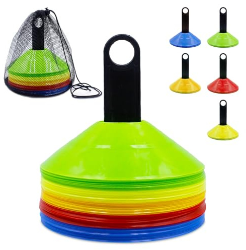 Druuzyl 50 Conos de Entrenamiento para Fútbol - Set de Conos Discos con Soporte y Bolsa de Malla, Marcadores para Campo (5 Colores, Ideal para Entrenamientos y Partidos)