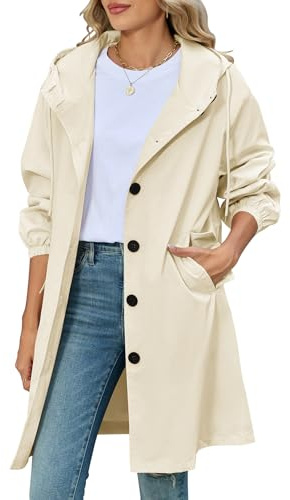 CMTOP Trench Donna Lungo con Cappuccio Elegante Monopetto Cappotto Leggero Antivento Giacca Primavera e Autunno Trenchoat Windbreaker Giacche con Tasche(Beige,XL)
