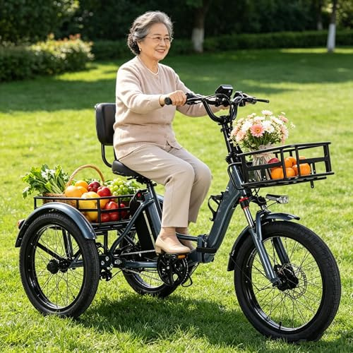 20-Tums 3-Hjulig Elektrisk Lastcykel För Vuxna | - 5 Växlar | Med Förvaringskorg Och Breda Däck | För Vuxna, Hopfällbar | Lätt Att Klättra På | Lastkapacitet 200 Kg Grey