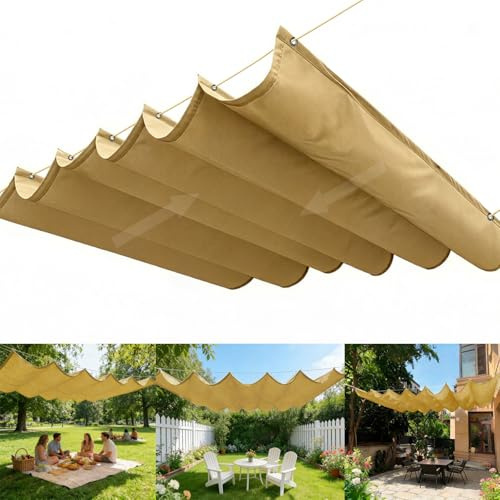 Tenda Parasole Retrattile, Esterno Impermeabile Tenda da Sole Scorrevole, Crema Solare Vela Parasole A Onda con Occhielli e Corda per Terrazze Cortili Verande e Gazebo-Beige||100x350cm