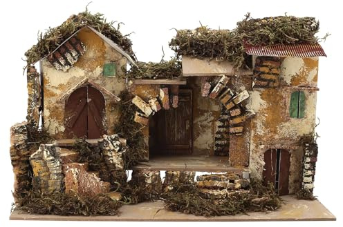 Holyart Ambientazioni, botteghe, case, pozzi: Borgo con stalla centrale e case 25x30x20 cm per presepi di 6 cm