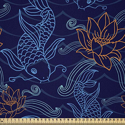 ABAKUHAUS Fisch Stoff als Meterware, Oriental Koi-Karpfen Sacered, Microfaser Multi Zweck Dekostoff für Kunsthandwerke, 3M (230x300cm), Königsblau Orange Aqua