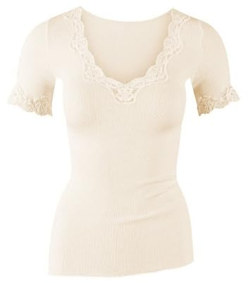 CALIDA Richesse Lace T-Shirt Dames, en Laine Vierge et Soie avec Dentelle à l'encolure, côte Fine en Tricot Rond sans Coutures latérales gênantes, thermorégulateur