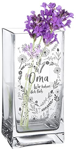Blumenvase für Oma, Vase mit Gravur, Geschenk, Eckige Glasvase für Blumen, Blumenherz Deko, Moderne Tulpenvase, Glas Tischdeko, Geburtstagsgeschenk, Schmale Tischvase