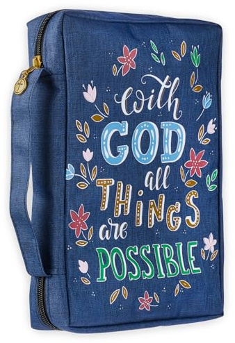 Christian Art Gifts Men/Women's Bible Cover with God All Things are Possible Matthew 19:26, Blue Floral Canvas, Medium