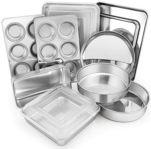 E-far 12-Piece Stainless Steel Bakeware Sets, Metal Baking Pan Set Include Round Cake Pans, Square/Rectangle Baking Pans with Lids, Cookie Sheet, Loaf/Muffin/Pizza Pan, Non-toxic & Dishwasher Safe