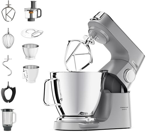 Kenwood Titanium Chef Baker XL KVL85.424SI Küchenmaschine mit integrierter Waage, inkl. 4-teiligem Patisserie-Set, 7 L und 5L Rührschüssel, stufenloser Geschwindigkeitsregler, 1200 W, Silber