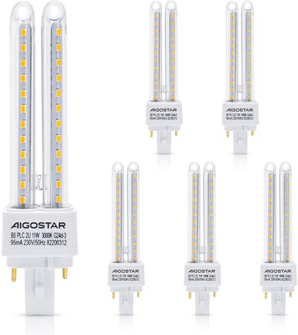 Aigostar Led Warmweiß 11W PLC G24D-3 Leuchtmittel Mains Birne Lampe 3000K 1070 Lumen Abstrahlwinkel 360 Grad 2U Glühbirnen 5 Stücke Energiesparsam