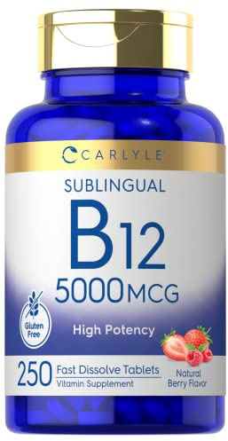 Carlyle B12 Vitamin 5000 mcg Sublingual | 250 Fast Dissolve Tablets | High Potency | Natural Berry Flavor | Vegetarian, Non-GMO & Gluten Free