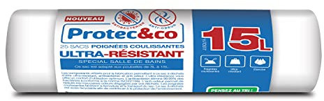 PROTEC&CO Sac Poubelle 15L Le Seul 4 en 1 Du Marché : Ultra Résistant Anti Bactérien Anti Odeurs Poignées Coulissantes Spécial Salle De Bains 3 L à 15 L Rouleau de 25 sacs