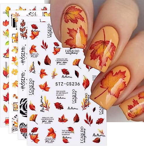 JMEOWIO 9 Sheets Fall Autumn Nail Art Stickers Decals Self-Adhesive Pumpkin Maple Leaf Thanksgiving Nail Supplies Nail Art Design Decoration Accessories