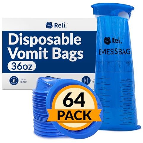 Reli. Vomit Bags Disposable (64 Pack) Barf Bags Disposable, 1000ml | Throw Up, Emesis, Puke, Nausea | Use for Car, Barf, Adults, Kids (Blue)