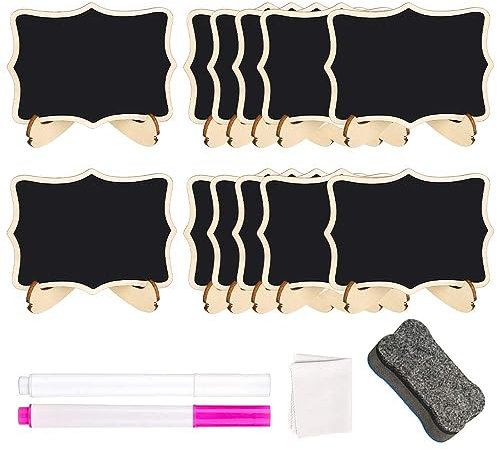 24 Pcs Mini Chalkboard Blackboard Chalkboard Signs with Stand Eraser Small Wooden Blackboards with 2 Chalk Pen Cleaning Rag for Food Labels Place Cards Table Numbers Shop Buffet Café