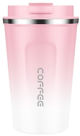 MOMSIV Coffee Cup, 380ml Vacuum Reusable Leakproof Double Wall Coffee Cup, Insulation Stainless Steel Eco-Friendly Travel Office Mug for Hot Coffee Tea and Cold Drinks, Pink