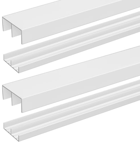 Landical 2 Set 4ft Plastic Sliding Door Track Set for 3/4 Thick Panels Closet Glass Doors Include 2 Pcs Top Bottom Sliding Cabinet Track for Cabinet Window(White)