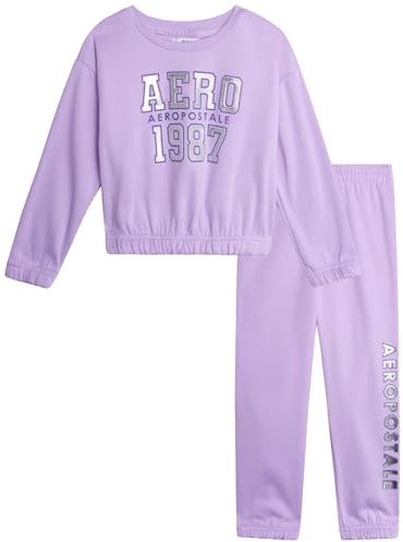 AEROPOSTALE Girls Sweat Suit Set - 2 Piece Soft Fleece Pullover Graphic Crewneck Sweatshirt and Jogger Pants for Girls (4-12), Size 10-12, Orchid Bloom