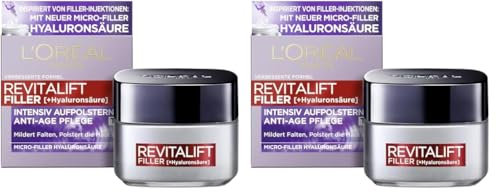 L'Oréal Paris Hyaluron Tagescreme, Anti-Aging Gesichtspflege mit Micro-Filler Hyaluronsäure für Feuchtigkeit und Anti Falten Effekt, Revitalift Filler,1 x 50 ml (Packung mit 2)