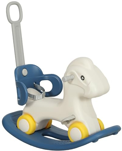 Qaba 4-in-1 Rocking Horse for Toddlers 1-3 Years, Baby Rocking Horse with Detachable Balance Board and Push Handle, Horse-Shaped Ride On Toy with 4 Smooth Wheels, for Baby Girls and Boys, Blue