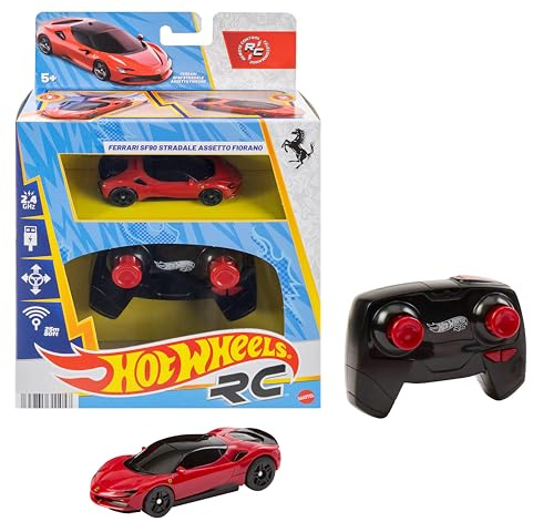 Hot Wheels RC Spielzeugauto, Ferngesteuerter Ferrari SF90 Stradale Assetto Fiorano im Maßstab 1:64, Rennen auf den Tracks oder abseits Davon, Beschleunigerknopf für extra Geschwindigkeit, JGD09