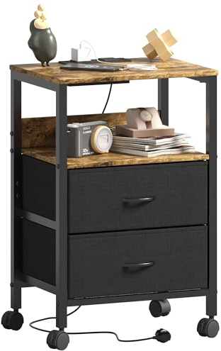 Lutown-Teen Table de Chevet avec Ports USB et Prises de Courant, 2 Tiroirs en Tissu et Compartiment Ouvert, Table de Nuit à roulettes, pour Salon, Chambre à Coucher, Marron Rustique