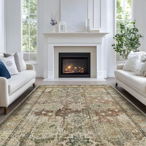 Luogort Braun Teppich Wohnzimmer 160x230cm, Waschbarer Vintage Teppich Kurzflor Teppiche mit Rutschfester Rückseite – Weich, Kindersicher & Pflegeleicht für Büro Esszimmer Kinderzimmer