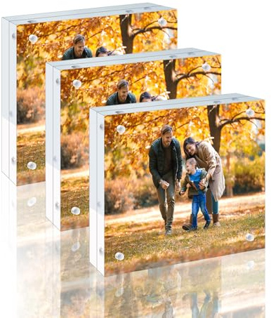 3 Pack 4x4 Acrylic Picture Frames - 20% Thicker Double Sided Magnetic Frame with UV Protection - Freestanding Clear Frameless Display for Tabletops - Modern Photo Frame Set for Home & Office Decor