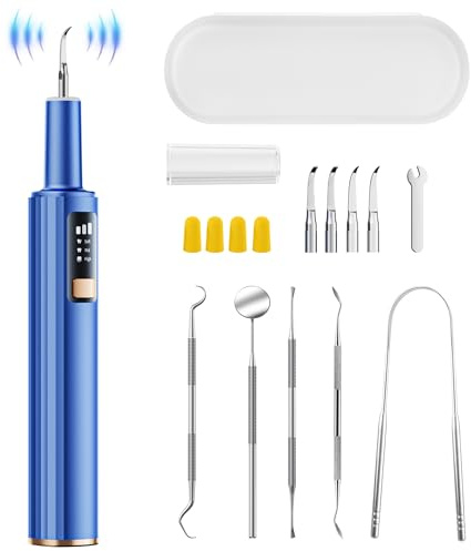 Plaque Remover for Teeth, Dental Tools, Teeth Cleaning Tools with 4 Replaceable Heads, 6-in-1 Dental Pick, LED Light, Waterproof, Rechargeable for Home & Travel Use