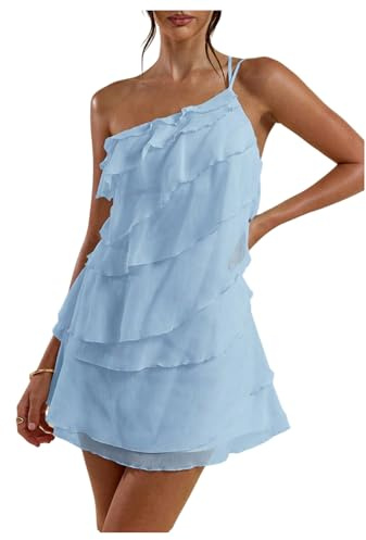 SOLY HUX Women's Mini Dress One Shoulder Ruffle Mesh Dresses Layered Backless Vacation Party Sundresses Light Blue Small