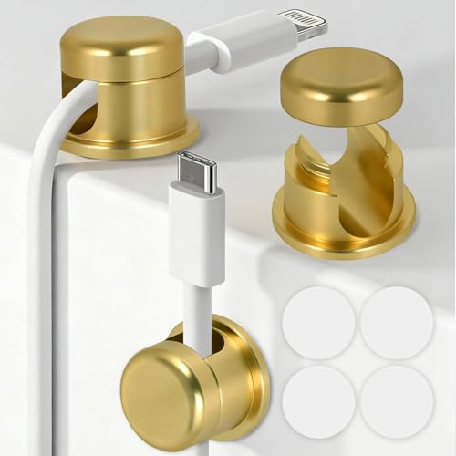 Rkoyes Wider Base Strong Adhesive Desk Cord Holder 3 Pack, Aluminum Gold Screw-top Cord Holder for Nightstand, Cable Holder Desk Organizer for Phone Charger, Cable Management Clips to Keep Cables Tidy