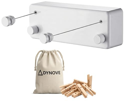 DYNOVE® Tendedero retractil de Pared Blanco con Doble Cuerda de Acero de 4,2 m – Tenderete Extensible Resistente y Compacto - Tendedero Extensible Pared con Pinzas de Madera y Bolsa de Tela incluida