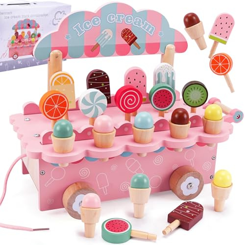 TEGOVE Glacier en Bois pour Enfant,Jeu de Glace en Bois,Jouet de Crème Glacée,Magasin de Glace Enfant Jeux de Rôle Jouets en Bois Jouets Montessori Cadeau pour Garçons Filles à Partir de 3 Ans