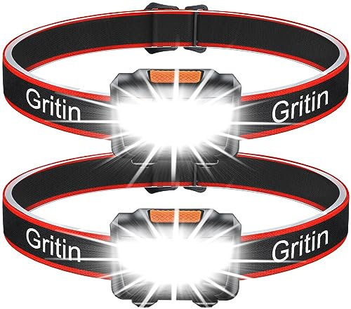 Gritin Stirnlampe LED, [2 Stück] LED Stirnlampe Kopflampe Superhell mit 3 Modi, IPX5 Wasserdichte Leichtgewichtige Mini Stirnlampe fürs Laufen, Campen, Joggen, Angeln, für Kinder