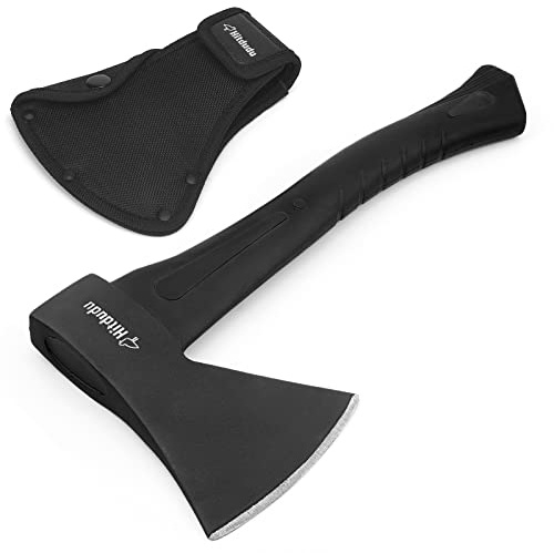 Hitdudu Camping Hatchet, 14 Camping Axe Throwing Axe for Outdoor Wood Splitting and Kindling, Forged Carbon Steel Heat Treated Survival Tool, Fiberglass Shock Reduction Handle with Anti-Slip Grip