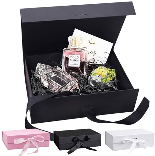 Geschenkbox, 21x17x7cm Geschenkbox mit Schleife, Geschenkboxen mit Deckel, Verpackungsbox, Rechteckige Geschenkschachtel,Partei Geschenkboxen,Magnetfaltbox für Hochzeiten Geburtstage Jubiläen(Schwarz)
