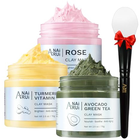 ANAI RUI 3 Pack Clay Mask Set, Rose,Turmeric, Avocado 2.5 oz Each