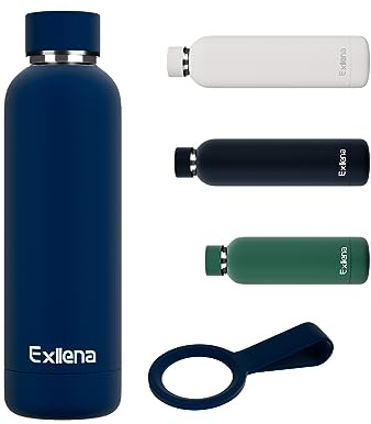 Exllena Insulated Water Bottles 500ml with Clip, Double Wall Vacuum Drinks Bottle Keeps Drinks Cold 24 Hrs/Hot 12 Hrs, Stainless Steel Water Bottle BPA Free (Dark Blue)