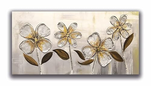 DIAMOND HOME Dipinto a Mano Acrilico su Tela con Telaio d'Abete - Quadro Materico Rettangolare con Dettagli in Rilievo - Made in Italy da Pittori Specializzati (50x100) FIORI ALLU-50x100