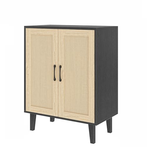 Panana Buffet Cabinet Sideboard with Rattan Decorated Doors Kitchen Storage Cupboard Accent Cabinet (Black)