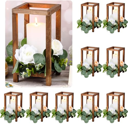 Geelin Lot de 10 lanternes de mariage en bois pour centre de table, bougies décoratives pour table de mariage, fête de mariage, Saint-Valentin (27 cm, marron)
