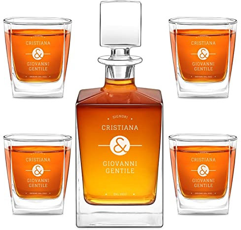 Maverton kit Caraffa con 4/6 bicchieri per whisky - Decanter con incisione personalizzata - da 810 ml per anniversario o nozze - Bottiglia da whisky in vetro - pensiero per coppia - Affetto