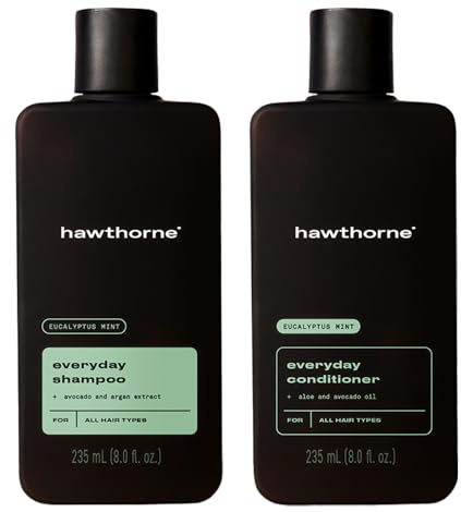 Hawthorne Men's Everyday Shampoo and Conditioner Set. Sulfate Free Shampoo and Conditioner with Pure Avocado Oil and Coconut Oil For Stronger, Healthier Hair. Mint and Eucalyptus Scent. 8 fl. oz each.