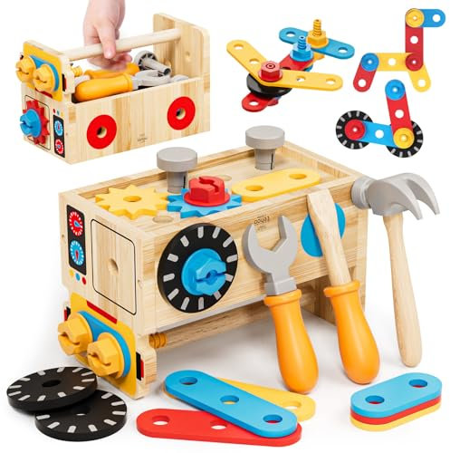Lehoo Castle Wooden Kids Tool Set - Montessori Educational Toys for Kids Age 2+, Pretend Play Tool Box Bench Construction Toys, Learning Toy Gift for Toddler Boys Girls