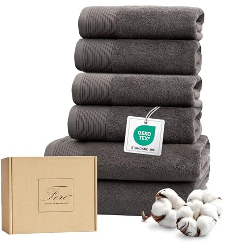 Ferò Luxus Handtücher Set, 6-teilig, 100% Baumwolle Low Twist 550 g/m², Ultra Weich und Saugstark, Oeko-TEX, Italienisches Design, Bath Towels, 4 Handtücher 50x100cm, 2 Badetuch 70x140cm, Grau
