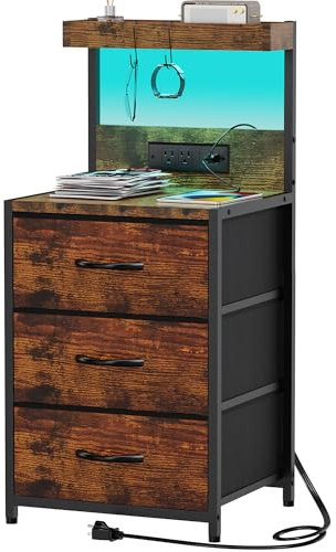 SZLHANJZ Nightstand, Dresser Nightstand with Charging Station and Led Lights, 3 Drawers Night Stand with Storage Shelf and Hooks, Tall End Side Table for Bedroom, Rustic Brown