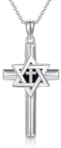 YAFEINI Jewish Star of David Necklace Sterling Silver Cross Star of David Pendant Necklace Judeo Christian Religious Jewelry for Women Men